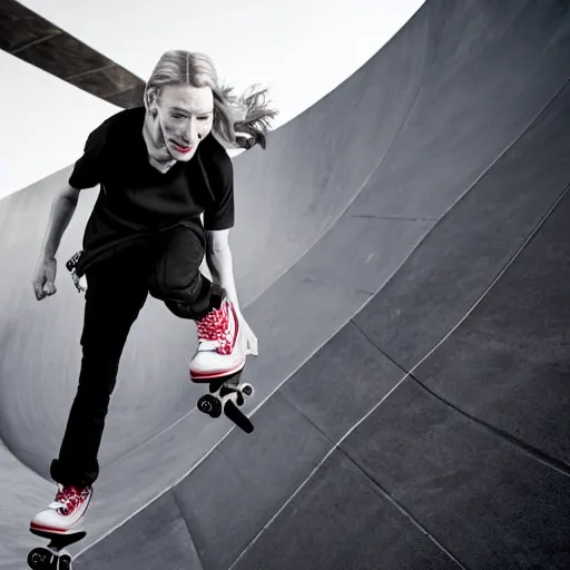 Prompt: cate blanchett skateboarding on a half pipe. photojournalism, wide angle lens, extremely detailed face, studio lighting