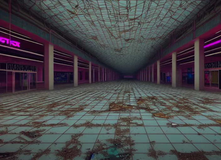 Image similar to inside a huge abandoned mall with high contrast neon lights, highly detailed, 8 k, hdr, award - winning, octane render, trending on artstation, volumetric lighting