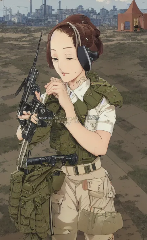 Image similar to portrait of a female soldier, highly detailed, high resolution, military camp in the background, full color manga visual style, illustration, stunning, from the manga marginal operation, bokeh soft, matte, 100mm, by professional photographer, hayao miyazaki, ilya kuvshinov, alphonse mucha, studio mappa, daisuke kimura, realistic human anatomy, realistic military carrier, modern warfare, realistic weapon, shot with a arriflex 35 ii, low saturation, small eyes