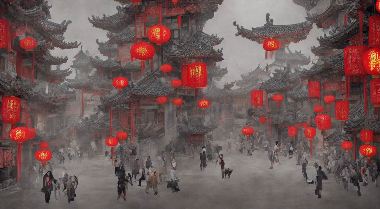 Image similar to on the night of the chinese new year's day, many chinese ghosts wander in the ancient chinese streets. the guiding line composition method, the tindal effect, the soft light, the cool color, by wu jinyuan, trending on artstation