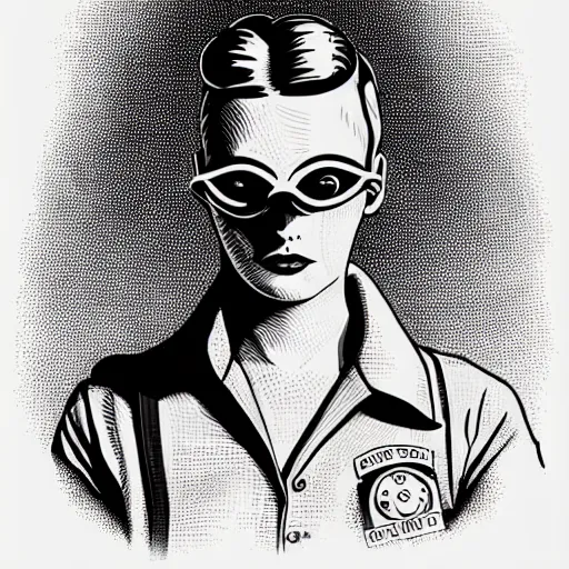 Prompt: tattooed stoic heroic emotionless dirty butch blonde woman engineer with very short slicked - back hair, uncomfortable awkward and anxious, wearing dark - lensed victorian goggles, wearing flight suit, moebius, rough paper, smooth median photoshop filter cutout vector, moebius, behance hd