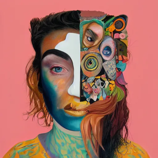 Image similar to a painting of a woman's face with many different things on her face, a surrealist painting, behance contest winner, pop surrealism, surrealist, detailed painting, poster art