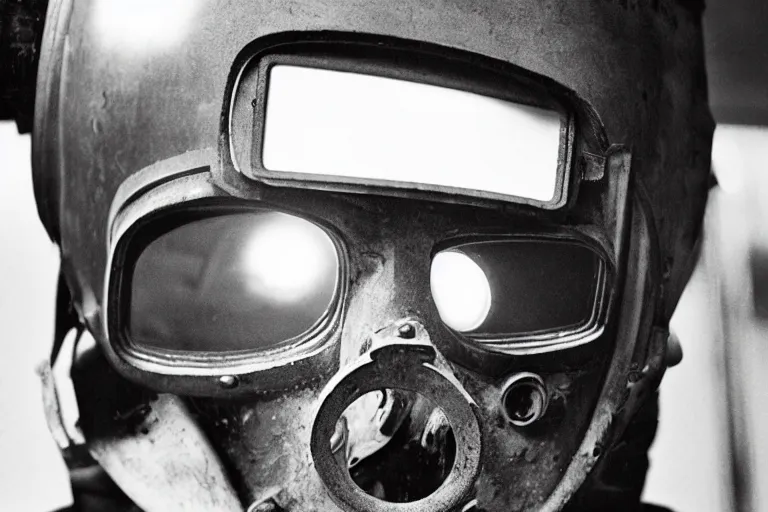 Image similar to close-up of Welder in welding mask in a subway, by Richard Avedon, tri-x pan stock