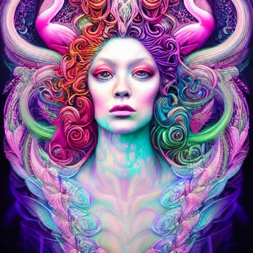 Prompt: portrait goddess flamingo a margaret detailed by kopera and elegant dreampunk beautiful! holographic undertones, tomasz peter and of martine and johanna keane! highly saturated colors, mohrbacher ( alluring flowers and transparent and curly features fractal ) glass lightning alen