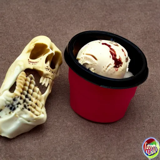 Prompt: ice cream of the macabre skin and bones flavour, ben and jerrys container, product, flesh, blood, evil, horror