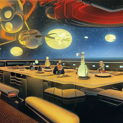 Image similar to interior view of the restaurant at the end of the universe, fine dining, by Chris Foss