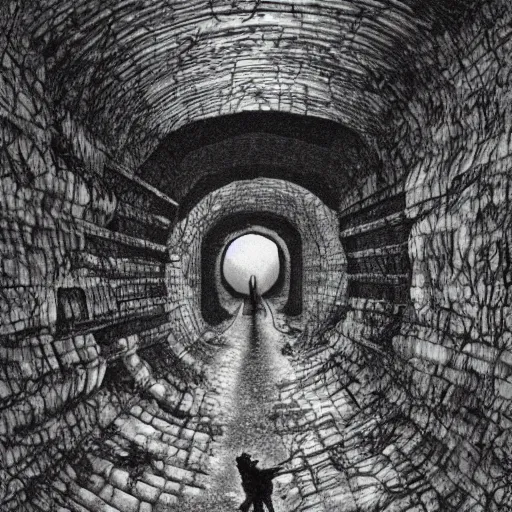 Prompt: a realistic horrible creature standing at the end of an abandoned mine, long tunnel, dream like atmosphere by M.C. Escher ,