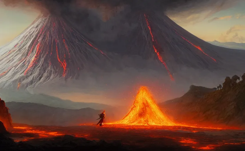 Prompt: a lone knight with a sword on the side of an erupting volcano, magma and fiery rock, fantasy art, 8k, james gurney, greg rutkowski, john howe, artstation