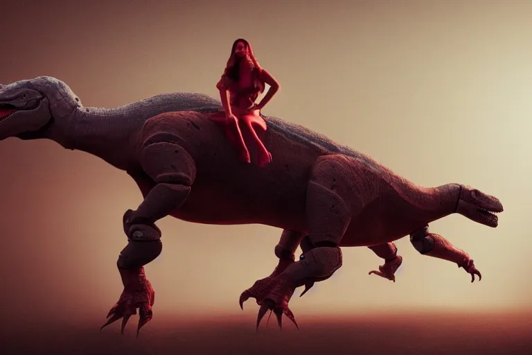 Image similar to a beautiful robot woman riding a dinosaur, misty, digital art, hazy, foggy, red lighting, ambient lighting, 8 k,