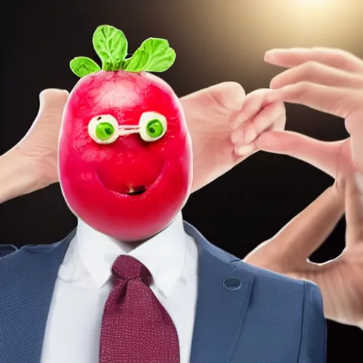Image similar to hilarious stock photo of a radish with a face wearing a suit on a man's body, high fiving another person's face