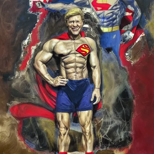 Prompt: ripped physique Portrait Donald trumpwearing a superman costume lucian freud odd nerdrum john hoyland greg rutkowski chris cold andrew wyeth niel welliver peter doig robert rauschenberg mark ryden