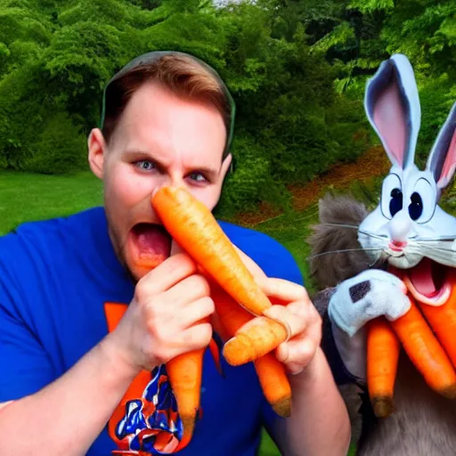 Prompt: jerma 9 8 5 and bugs bunny eating carrots together