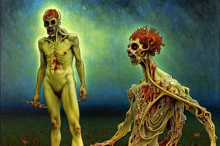 Prompt: realistic detailed portrait painting of a male zombie, nightly graveyard landscape background by Jean Delville, Amano, Yves Tanguy, Alphonse Mucha, Ernst Haeckel, Edward Robert Hughes, Roger Dean, masterpiece, cinematic composition, dramatic pose, 4k details, rich moody colours, blue eyes