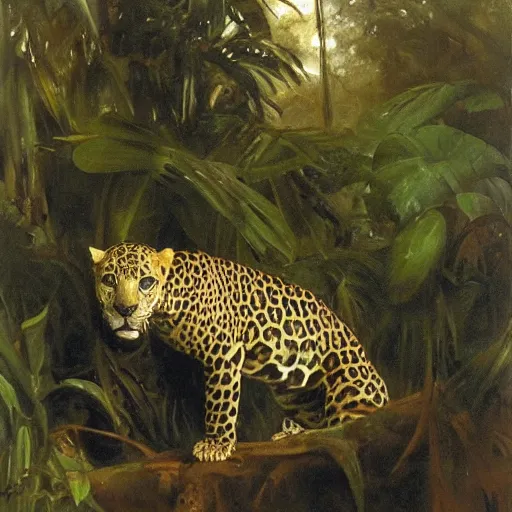 Prompt: intense jaguar in a dark misty jungle, by John Singer Sargent