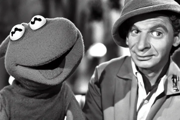 Image similar to “Film still of Kermit the Frog as Andy Griffith on the andy griffith show”