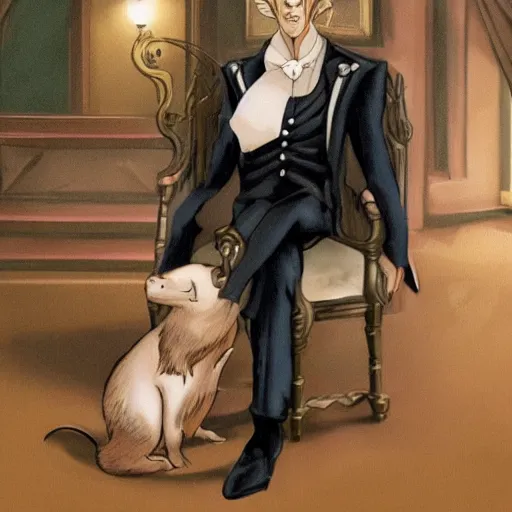 Image similar to older fantasy butler that looks similar to michael kane, full body portrait, handsome, realistic, tarot card style, balding, well dressed, pet rat on shoulder