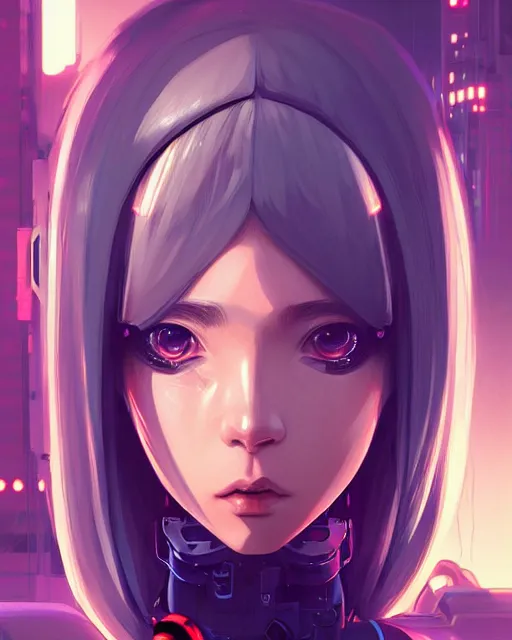 Image similar to a comic potrait of a cyberpunk cyborg girl with big and cute eyes, fine - face, realistic shaded perfect face, fine details. night setting. very anime style. realistic shaded lighting poster by ilya kuvshinov katsuhiro, magali villeneuve, artgerm, jeremy lipkin and michael garmash, rob rey and kentaro miura style, trending on art station