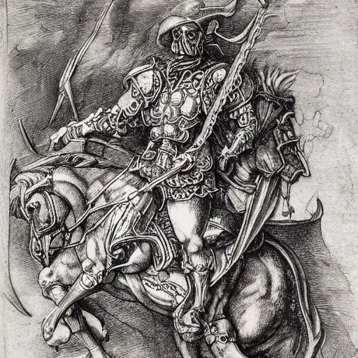 Image similar to skeleton warrior in a fire horse with a very ornate armor, very detailed, complex drawing, hyper detailed, renaissance, monochrome, albert durer style