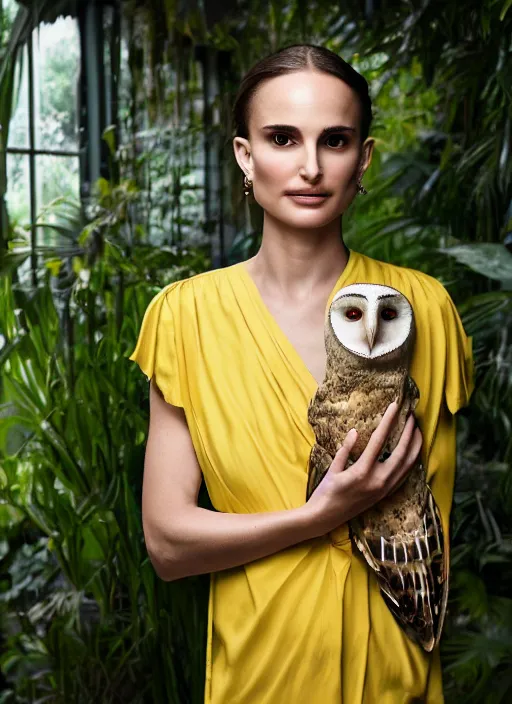 Image similar to Award winning head to shoulder portrait photograph of an elegant top model that looks like natalie portman wearing a yellow kimono with a very detailed barn owl on her shoulder!!! in a tropical greenhouse. looking at the camera!!. super resolution. Extremely detailed. art by Rineke Dijkstra.