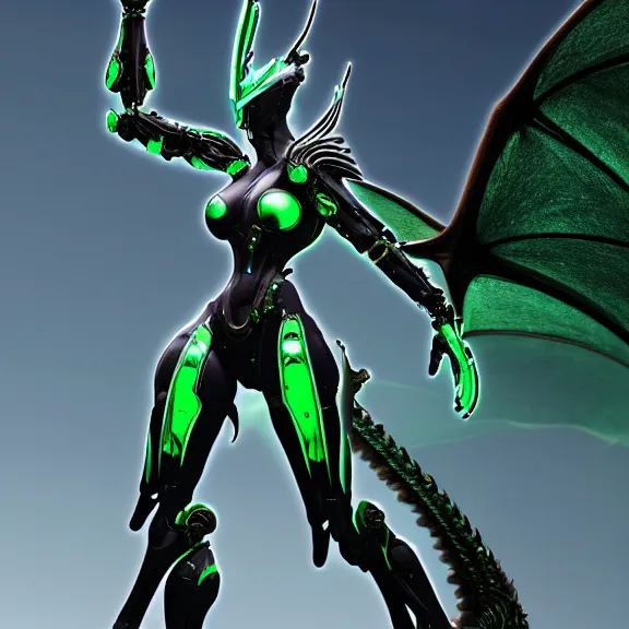 Prompt: extremely detailed giantess shot, close front shot, of a detailed stunning female warframe, that's a giant beautiful stunning anthropomorphic robot female dragon, 300 feet tall, standing majestically on a mountain, elegant pose, robot dragon claws, streamlined glowing green armor, detailed sharp metal claws, thick warframe robot legs, long elegant tail, detailed warframe fanart, destiny fanart, high quality digital art, giantess art, furry art, warframe art, Destiny art, furaffinity, DeviantArt, artstation, 8k HD, octane render