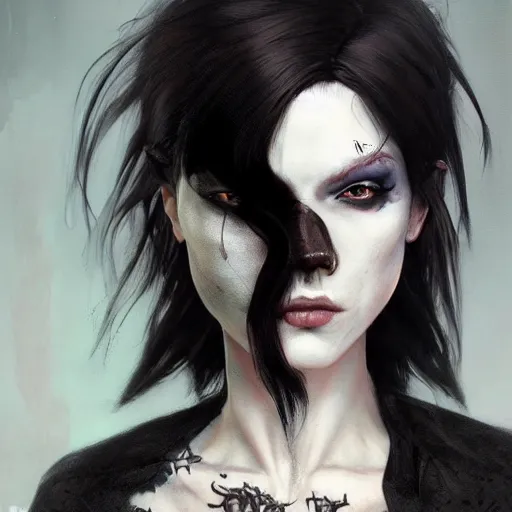 Image similar to portrait painting of an androgynous witch with shoulder length flowing black hair pale skin and beautiful dark brown eyes wearing a punk clothes, ultra realistic, concept art, intricate details, eerie, highly detailed, photorealistic, octane render, 8 k, unreal engine. art by artgerm and greg rutkowski and magali villeneuve