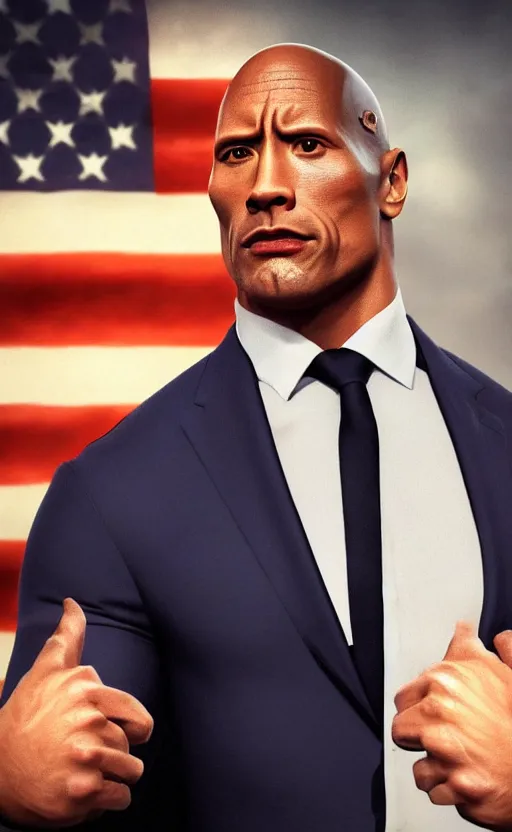 Image similar to dwayne johnson wearing a suit as the president of the united states, dynamic lighting, photorealistic fantasy concept art, trending on art station, stunning visuals, creative, cinematic, ultra detailed