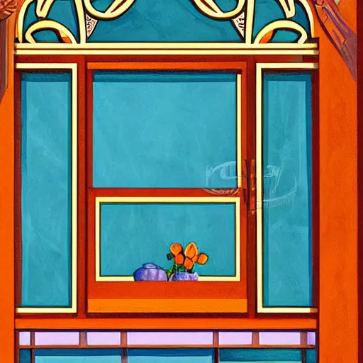 Image similar to a painting beautiful window open front view, ornate, oil on canvas, art deco, digital illustration, colorful architectural drawing, watercolor painting, behance contest winner, vintage frame window