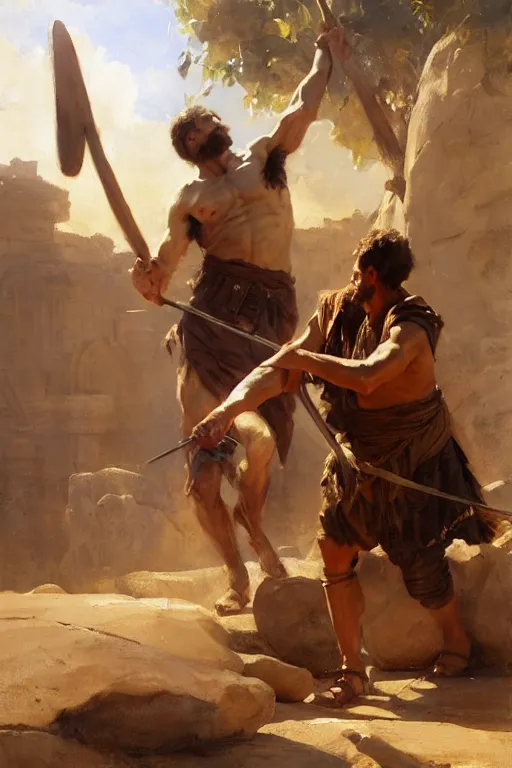 Image similar to ancient biblical israeli young man david slinging a stone at the philistine giant goliath of gath in battle by anders zorn, wonderful masterpiece by greg rutkowski, beautiful cinematic light, by greg manchess, jessica rossier