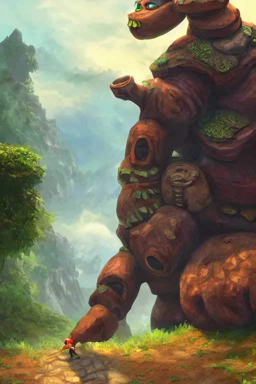 Image similar to zelda fantasy art giant golem troll wood rock, global illumination ray tracing hdr fanart arstation by sung choi and eric pfeiffer and gabriel garza and casper konefal