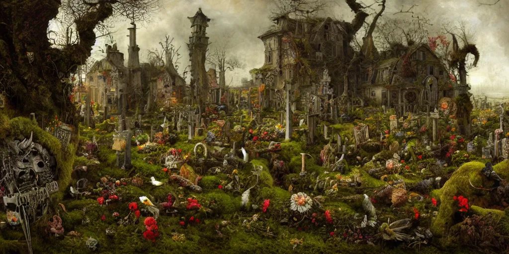 Prompt: 'Life from death' A horrifyingly detailed aesthetic horror landscape painting depicting 'A mossy graveyard with plants and flowers growing all over it, birds and insects flying all around it' by giuseppe arcimboldo and Rembrandt, Trending on cgsociety artstation, 8k, masterpiece, cinematic lighting, highly detailed, vibrant colors.