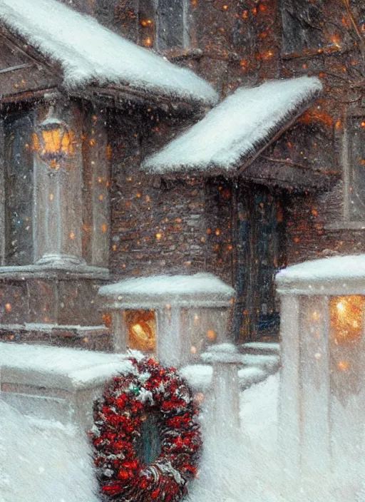 Image similar to new york apartment building in winter, close up of wreath on door, snow, artwork by gaston bussiere, craig mullins, trending on artstation