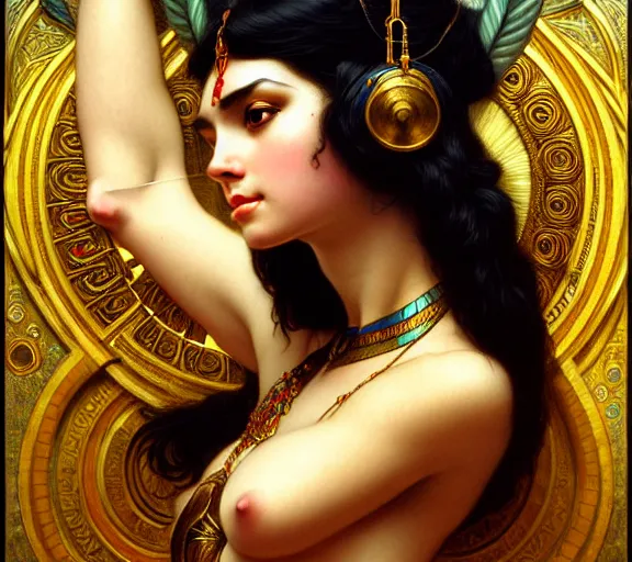 Prompt: photography of sensual cleopatra with hands - up and hairy armpits, deep focus, intricate, elegant, highly detailed, digital painting, artstation, concept art, matte, sharp focus, illustration, art by artgerm and greg rutkowski and alphonse mucha and gil elvgren