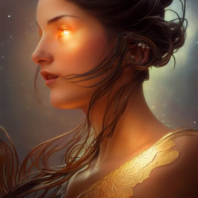 Image similar to close up portrait of a beautiful fantasy female goddess, shiny skin, glowing hair, glowing armor, subsurface scattering, ethereal, artistic, dark glowing background with light rays, fantasy atmosphere. art by artgerm, greg rutkowski and alphonse mucha, highly detailed skin, intricate, lifelike. sci - fi, fantasy, magical, octane render,