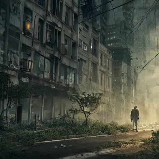 Image similar to an apocalyptic city scene, overgrown foliage, a single person standing in the road back facing the camera, hyper detailed, 4 k octane render