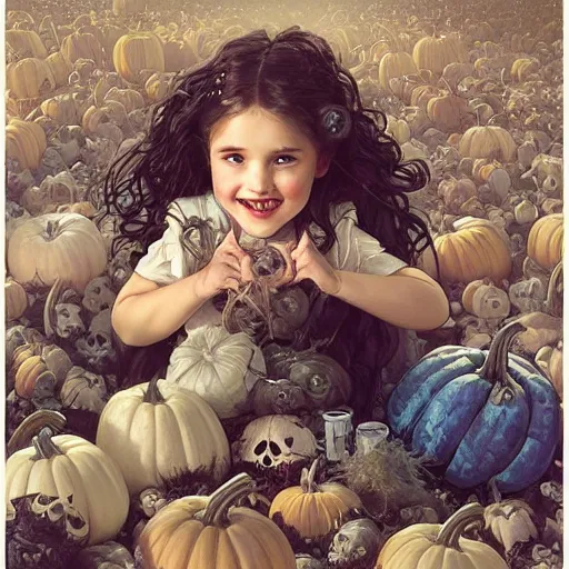 Prompt: a cute happy little girl with light brown wavy curly hair and blue eyes sitting amidst piles of skulls and pumpkins. beautiful cute highly detailed face. spooky halloween themed painting by artgerm and greg rutkowski and alphonse mucha.