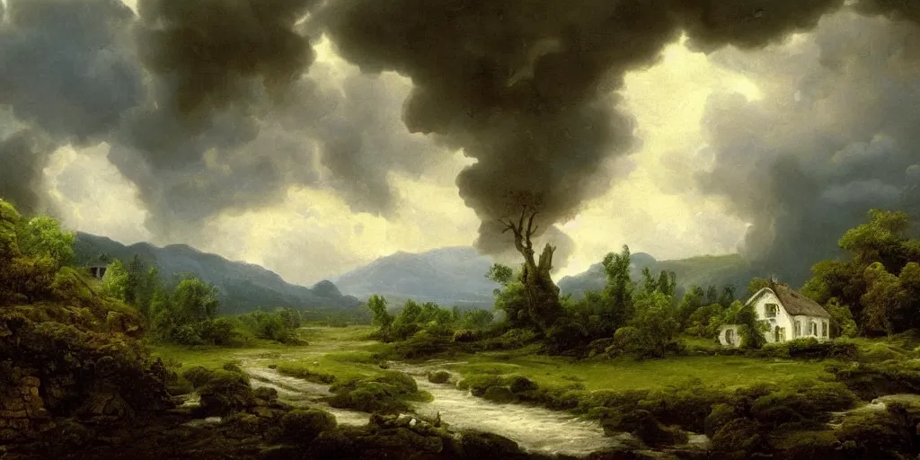 Prompt: a beautiful landscape painting of a cottage by a river in a valley, raining, storm clouds, thunder, by john glover, oil on canvas, highly detailed, hd, 4 k