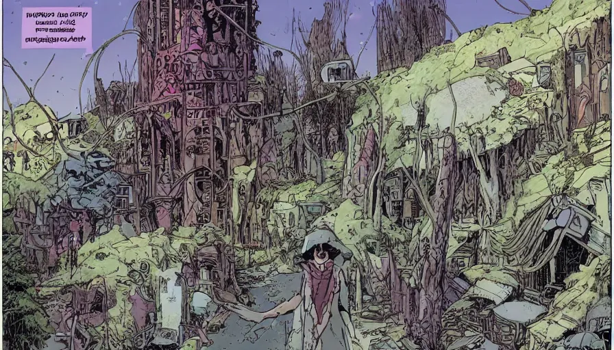 Image similar to ligne claire art of a druid in postapocalyptic city intertwined with nature in the open space, street - level view, by moebius, bright colors, eisner award - winning spread