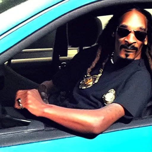 Image similar to Snoop Dogg with a smile on his face, sitting in a police car, there is marijuana everywhere in the car, and a lot of smoke