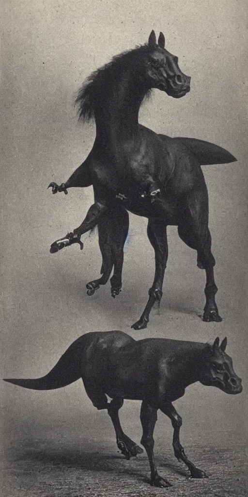 Prompt: [ [ t rex ] ] and a horse with legs, hands, [ walking ], soft, black and white photograph, 1 8 5 0 s