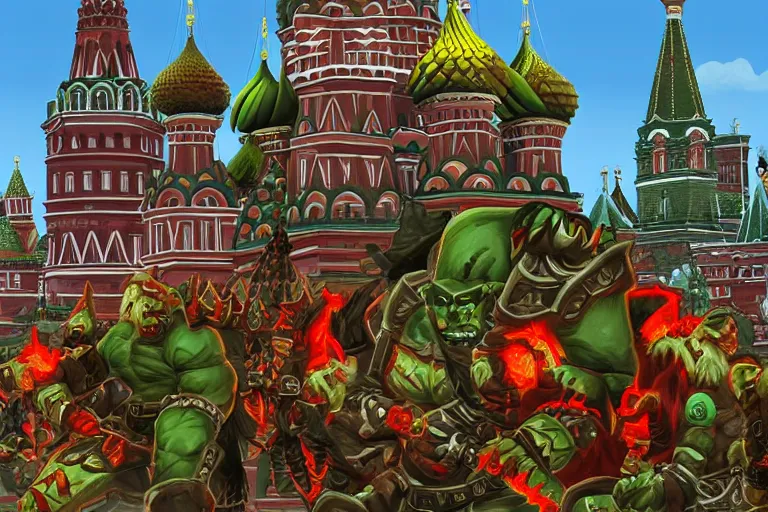 Prompt: moscow in style of world of warcraft orgrimmar, red square, orc village, green and red orcs in modern camouflage