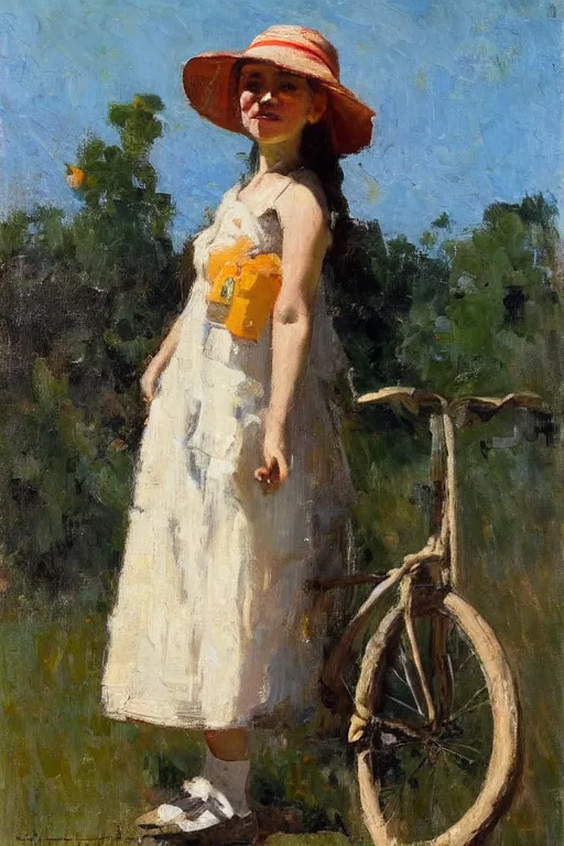 Image similar to girl with summerhat, standing next to bicycle, joseph todorovitch