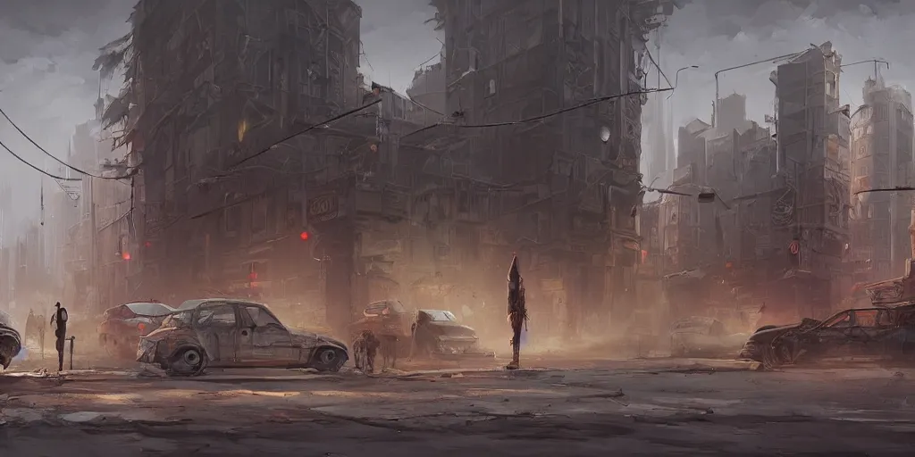 Prompt: a post apocalyptic street scene in the style of Sylvain Sarrailh, the occult, mysterious, strangeness, beautiful digital art, cinematic composition, detailed, concept art, Matt painting, oil painting, high res