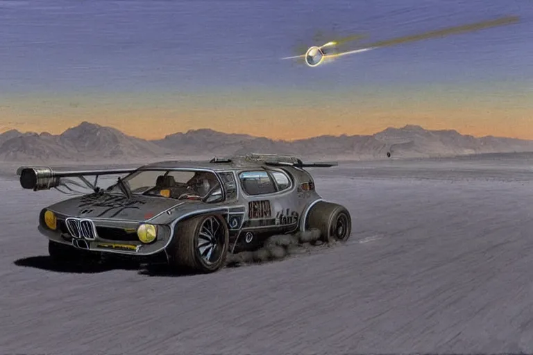 Prompt: bmw m 1 with rocket engines breaking the sound barrier across salt flats dieselpunk by caspar david friedrich and wayne barlowe and ted nasmith