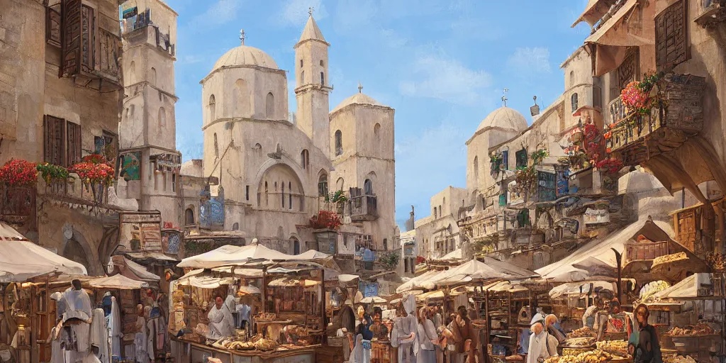 Prompt: a busy medieval Mediterranean street market in the style of Sylvain Sarrailh, Greek islands, narrow streets, whitewashed buildings, old port, hanging fabric, bartering merchants, beautiful digital art, cinematic composition, detailed, concept art, Matt painting, oil painting, high res