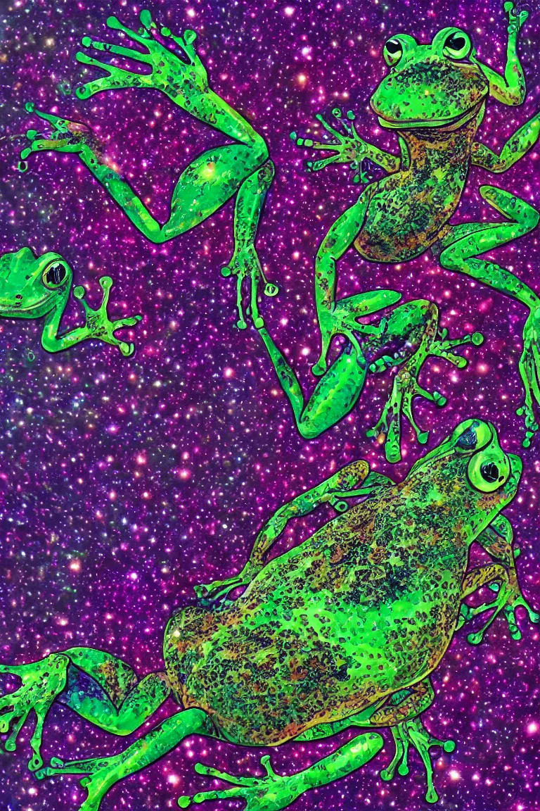 Prompt: surreal frog entity hyperdetailed the galaxy exploding from his mind psychedelic spiritual frog dreams profound, chromatic, mathematical, infinite fractal recursion, spiritual ancient frog god, artstation, cinematic