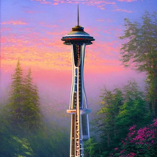 Prompt: thomas kinkade painting of the space needle at dawn