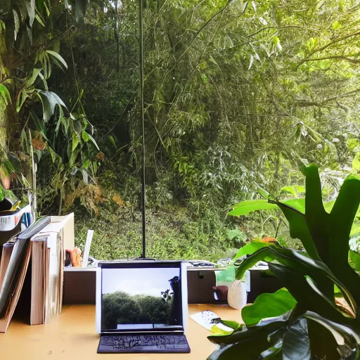 Prompt: a photograph of a jungle, with an outdoor office set up in the immediate frame, including a book shelf, point of view of a desktop camera, wide angle, morning light