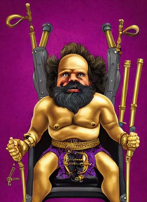 Image similar to dwarf fighter sitting in mechanical chair that has spider legs, gold and purple, exquisite details, black beard, white background, by studio muti