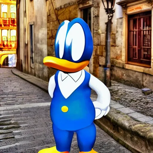 Prompt: donald duck in porto, real life, photorealistic, 3 d