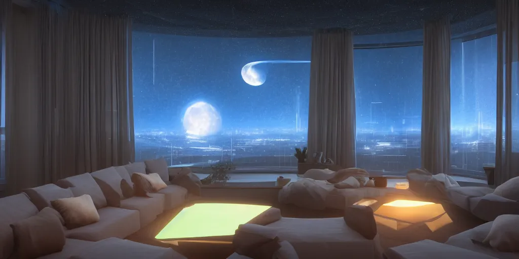 Prompt: a cozy futuristic living room with large glass windows showing the night sky and the moon, 3 d video game, octane render, depth of field, unreal engine 5, glow, full of color, trending on artstation, rtx, volumetric lighting, ultra high detail, ultra realistic, cinematic lighting, focused, 8 k